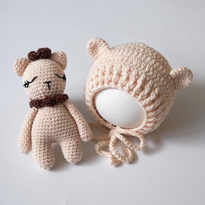 Zeroest Newborn Photography Outfits Boy Girl Bear Props Baby Photoshoot Crochet Bonnet Stuffed Animals for Newborn Photo