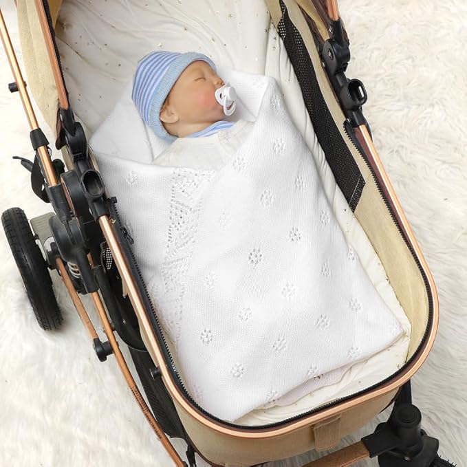 LAWKUL Cellular Blanket Baby 100% Cotton Knitted Soft Knit Crochet Blankets for Newborn Boy Girls Infants White 100x80cm
