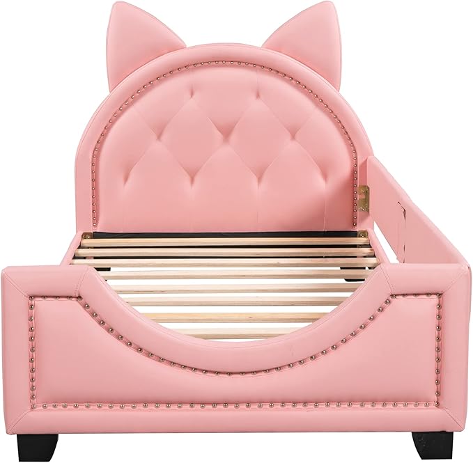 Merax Cute Twin Daybed Frame for Kids with Carton Ears Shaped Headboard, PU Leather Sturdy Kids Daybed Upholstered Twin Beds for Girls, Sofa Bed Low Profile Single Bed, Pink