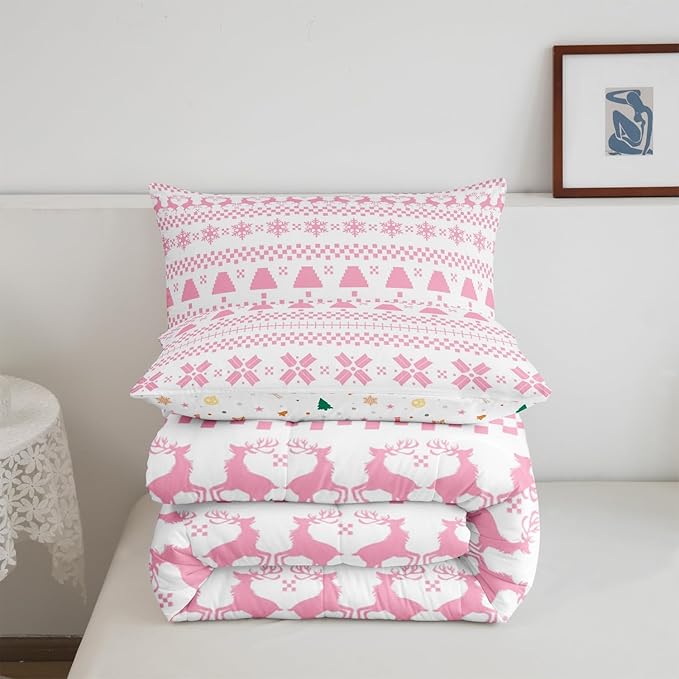 Feelyou Christmas Bedding Set for Kids Boys Girls King Size Xmas Deer Elk Decor Comforter Set Ultra Soft Winter Comforter Xmas Snowflake Duvet Quilt Bedroom Decor Christmas Decor Quilt