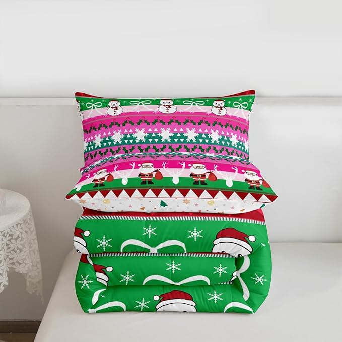 Feelyou Merry Christmas Tree Kids Comforter Set King Size Cute Snowman Bedding Set Santa Claus Duvet Quilt for Kids Boys Girls Bedroom Cartoon Bowknot Decor Microfiber Ultra Soft Breathable
