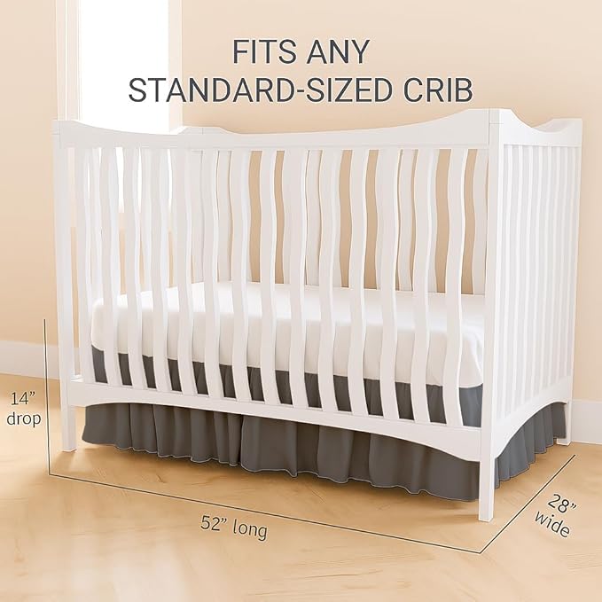 Crib Bed Skirt Dust Ruffle with Split Corners, 100% Cotton, Dark Grey Nursery Crib Skirt for Baby Boys or Girls, 28x52, 14" Drop, Toddler Bed Skirt, Baby Bedding, Crib Sheet Skirt, Soft & Breathable