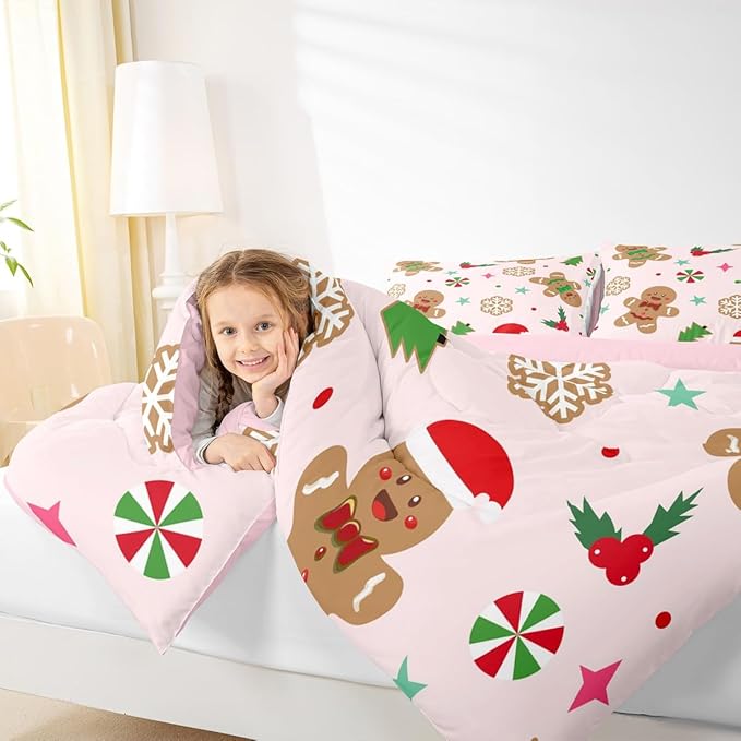 Feelyou Merry Christmas Kids Comforter Set Queen Size Gingerbread Man Bedding Set Xmas Tree Duvet Quilt for Kids Boys Girls Bedroom Red Berries Snowflake Decor Microfiber Ultra Soft Breathable
