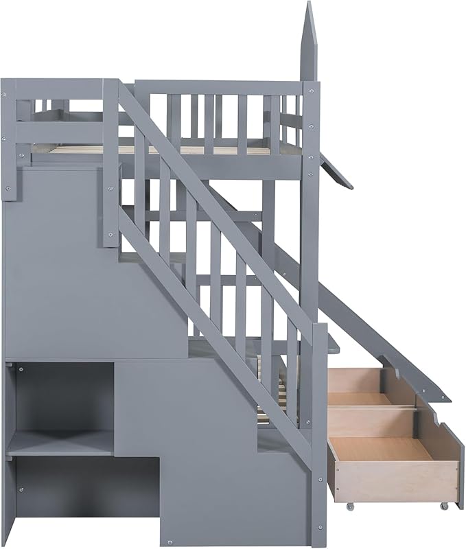 MERITLINE Twin Over Twin Castle Bunk Bed with Slide,Stairs and Drawers,Solid Wood Floor House Princess Bunk Bed with Storage Shelves (Grey)