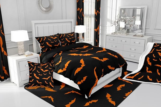 Erosebridal Happy Halloween Quilt King Size for Kids Boys Bats Animal Silhouette Comforter Set Orange Bats Animal Bedding Set Gothic Spooky Down Comforter with 2 Pillow Cases