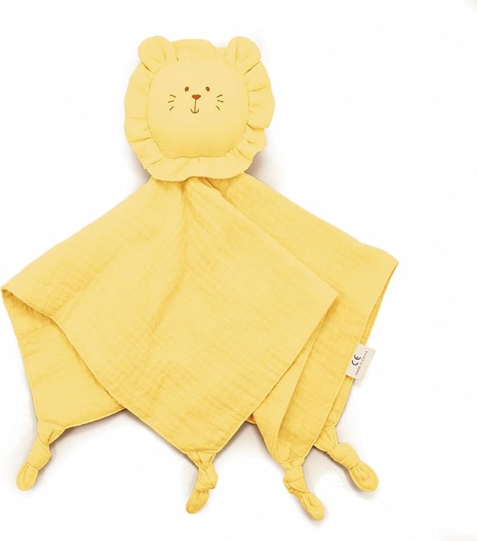Little Rawr Organic Cotton Muslin Lion Loveys for Babies Baby Security Blanket Baby Snuggle Toy Newborn Essentials Must Haves(Lion-Yellow)
