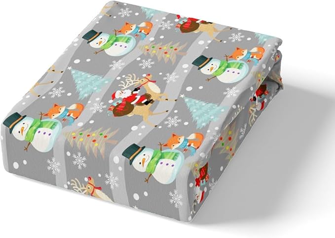 Christmas Duvet Cover Set Twin Size, Xmas Trees Snowman Santa Claus Comforter Cover with 1 Pillowcase, Winter Snowflake Grey Stripes Bedding Set for Kids Girls New Year Bedspread Cover,No Comforter
