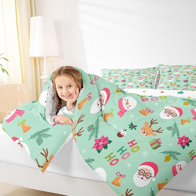 Feelyou Christmas Decor Bedding Set Soft for Boys Girls, Happy New Year Comforter Set Toddler Size Santa Claus Duvet Quilt Microfiber Bedroom Decor 2 Pcs with 1 Pillow Cases