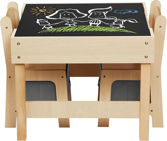 3 in1 Kids Table and Chairs Ages 3-7, Montessori Toddler Table and Chair Set with Versatile Tabletop and Storage Drawer, Kids Activity Desk for Home, Nursery and Playroom