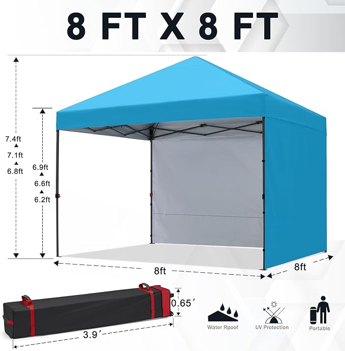 COOSHADE Pop Up Canopy Tent 8x8 with 2 Sidewalls, Outdoor Shade Instant Canopy Tents, Sky Blue