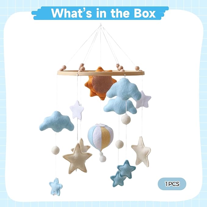 Soft Crib Mobile, Sun Hot Air Balloon Design with Felt Decorations, Ideal for Baby Nursery with Cloud and Star Hanging Toys