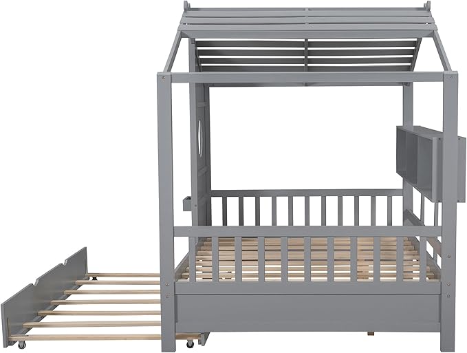 Full Size House Bed with Roof and Window for Kids, Wooden Playhouse Bed with Storage Shelves and Trundle for Bedroom Furniture Girls & Boys (Grey/T2)