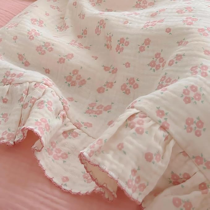 BuLuTu Pink Floral Duvet Cover Full Bedding Duvet Covers for Girls Kids Teens Soft Breathable Cotton Comforter Cover 79"x90" Shabby Chic Ruffles Quilt Cover, No Duvet/Comforter