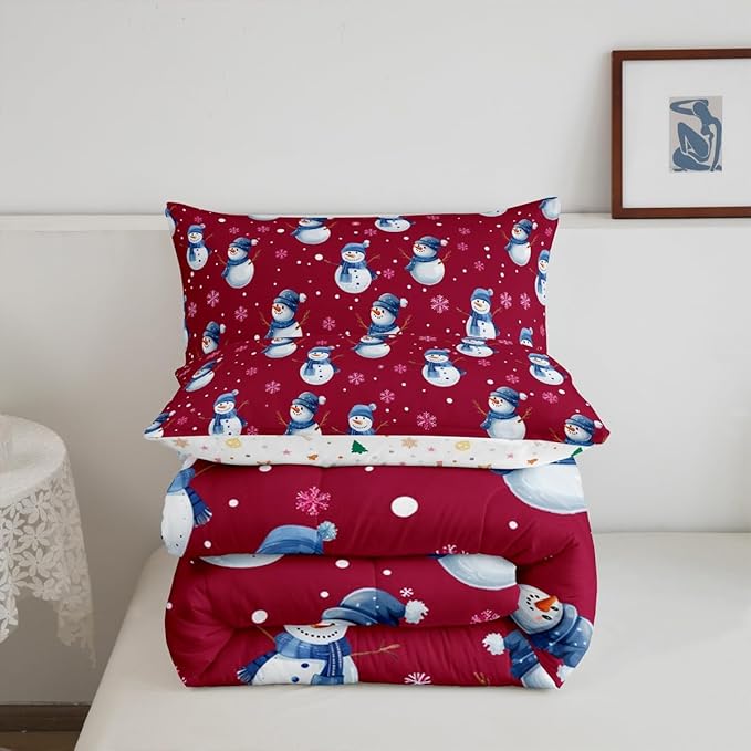 jejeloiu Kids Cute Winter Snowman Comforter Set Queen Size Red Christmas Theme Bedding Set for Boys Girls Teens Xmas Snowflake Happy New Year Duvet Quilt Room Decor