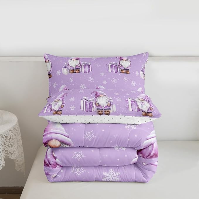 Feelyou Purple Christmas Kids Comforter Set Toddler Size Scandinavian Christmas Santa Gnomes Bedding Set Xmas Snowflake Duvet Quilt for Kids Boys Girls Bedroom Decor Ultra Soft Breathable