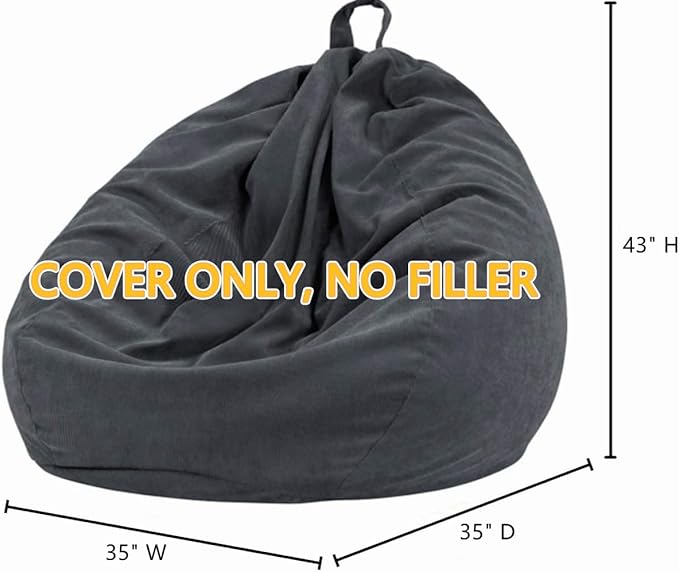 Nobildonna 3 ft Bean Bag Chair Cover (No Filler) 35"×43" Large Stuffed Animal Storage Bean Bag Washable Big Beanbag Chair Cover Premium Corduroy Bean Bag Cover for Adults,Kids,Dark Grey 300L