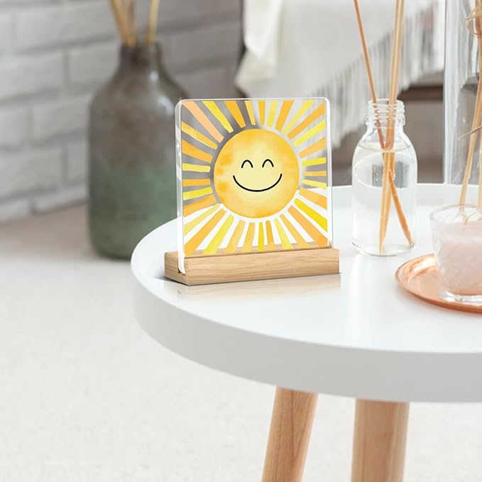 Sunshine gifts Inspirational Sun Sunshine Acrylic Sign Desk Decor, Pop Smiles Rustic Farmhouse Wooden Block Sign Decorations for Home Office Girls Dorm Room Nursery Playroom Wall Tabletop Shelf Decor
