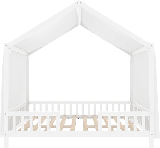 Montessori Floor Bed with Canopy, High Railings and Roof, Full Size Wood House Bed Frame for Kids Bedroom (White/C)