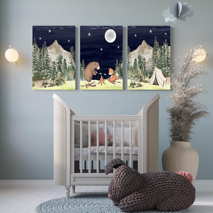Camping Nursery Wall Decor, Bear Fox Nursery Print, Moon Night Woodland Nursery Decor, Watercolor Mountain Forest Wall Art, Set of 3 Nature Picture for Boy Girl Bedroom, Framed Canvas, 12"x16"x3