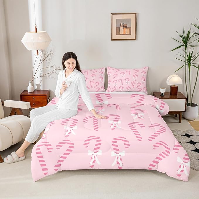 Feelyou Merry Christmas Comforter Set Queen Size Pink Candy Cane Bedding Set for Kids Boys Girls Bow Duvet Quilt Bedroom Decor Microfiber 3 Pcs with 2 Pillow Cases