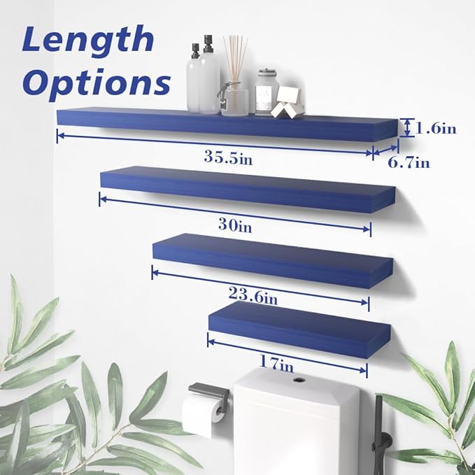 Habudda Floating Shelves, Bathroom Wall Shelf for Home Decor, 30 Inch Natural Wood Rustic Shelving, Hanging Mounted Invisible Bracket, Set of 2 Navy Blue