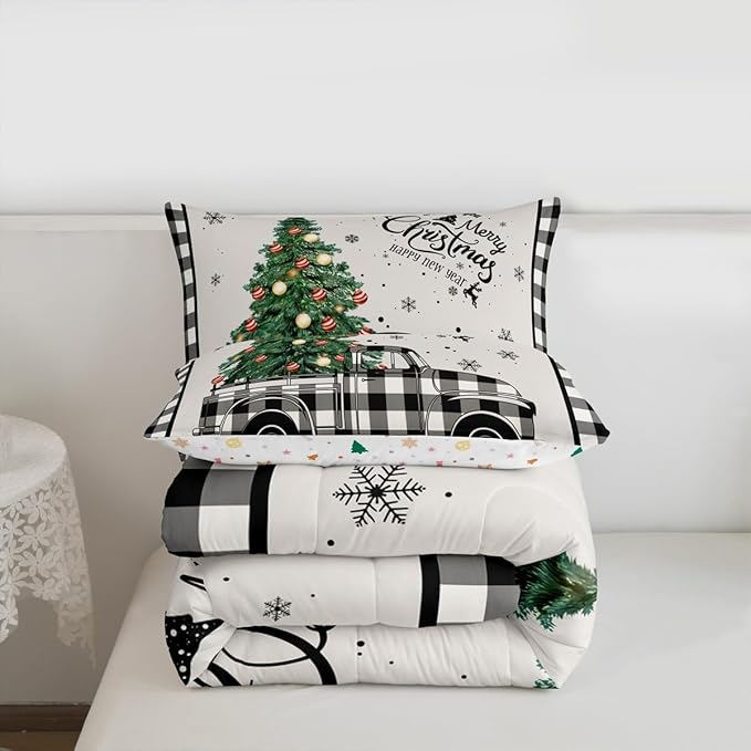 Christmas Truck Kids Comforter Set Queen Size,Snowflake Pines Trees Rustic Bedding,Girls Boys Adults Bedroom/Xmas Cabin Decor,Geometric Grids Lattice Down Comforter,Retro Duvet Insert,2 Pillowcases