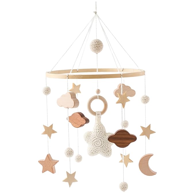 Baby Crib Mobile, Stars Clouds Moon Baby Mobile with Crisp Sound, Hand-Crocheted Wood Nursery Mobiles, Boho Crib Toys Hanging for Boys Girls