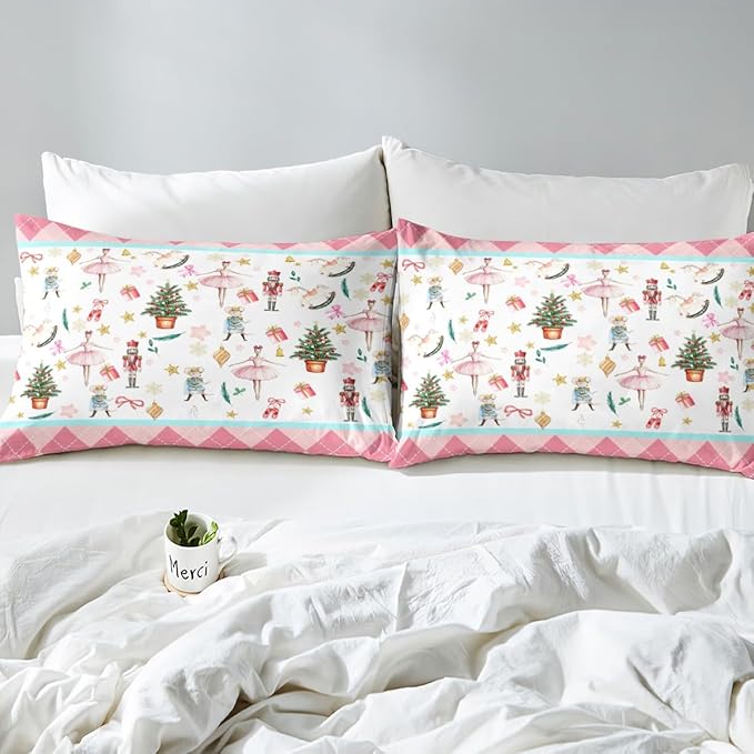 Feelyou Nutcracker Christmas Pink Comforter Cover King Size Xmas Royal Guarder Ballet Princess Duvet Cover New Year Pink Buffalo Plaid Bedding Set Gifts for Kids Boys Girls 2 Pillow Cases