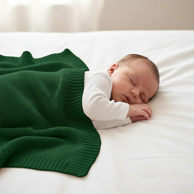 Baby Knit Blanket Soft Cotton Lightweight Newborn Blanket for Crib Stroller Toddler Nursery Shower Gift Cozy Breathable Travel Swaddle Wrap Green 30 x 30 Inches