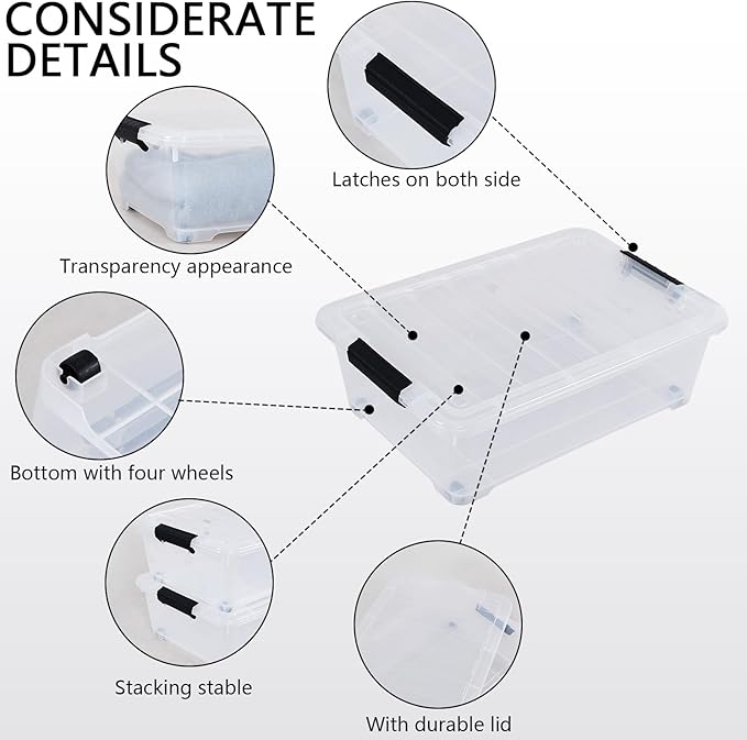 4-Pack 20 L Plastic Under Bed Storage Container with Lids, Underbed Clear Storage Bin with Wheels