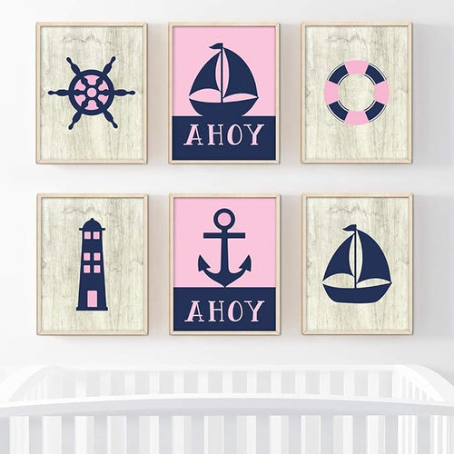 Andaz Press Girls Ocean Nautical Sailor Theme Nursery Kids Bedroom Hanging Wall Art Decor, 8.5x11-inch, Pink Navy Blue, Ahoy, Boat, Anchor, Lighthouse, 6-Pack, Unframed Room Poster