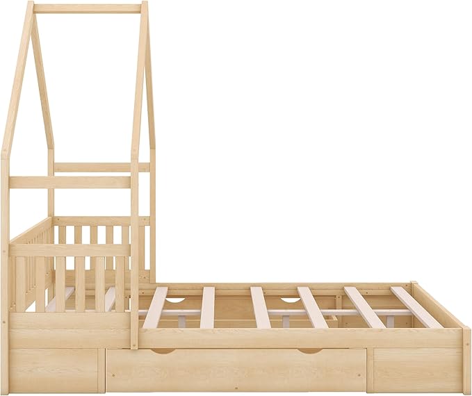 Bellemave Queen Size Wood House Platform Bed with 2 Drawer for Toddlers and Baby, Modern Montessori Platform Bed Frame, No Box Spring Required, Low Floor Bed for Kids' Room or Baby Room (Natural)