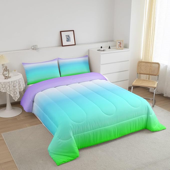 Feelyou Blue Green Ombre Comforter King Size, Colorful Gradient Comforter Set for Boys Girls Rainbow Ombre Bedding Set Luxury Modern Duvet Set Decorative Microfiber Bed Set