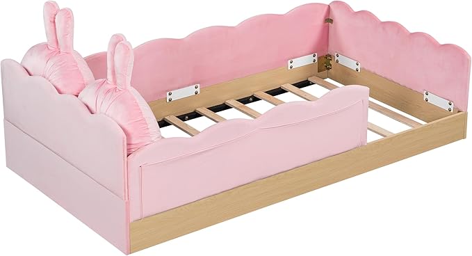 Twin Size Upholstered Platform Bed with Safety Guardrail and Cute Rabbit Ear Shaped Pillows, Velvet Fabric Montessori Kids Floor Bed with Pocket and Sturdy Slats Support (Pink-9.25)