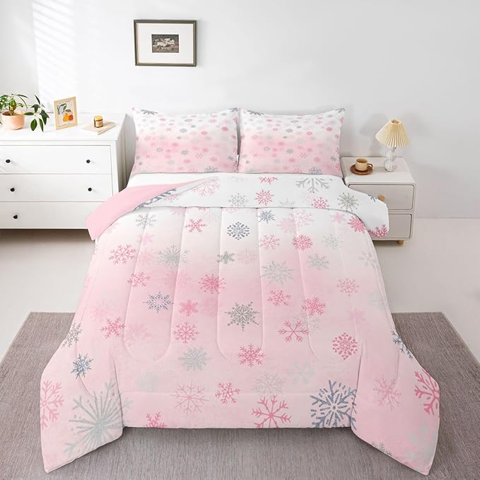 Feelyou Pink Snowflake Comforter Set King, Glitter Snowflake Comforter for Boys Girls Winter Theme Bedding Set Winter Holiday Duvet Set Decorative 3Pcs