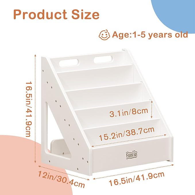 FUNLIO Montessori Bookshelf for Toddlers 1-5 Years, Front-Facing Kids Bookcase with Handle & Anti-Tilting Device, Premium Pine Baby Bookshelf, Children's Bookcase for Nursery/Classroom - White