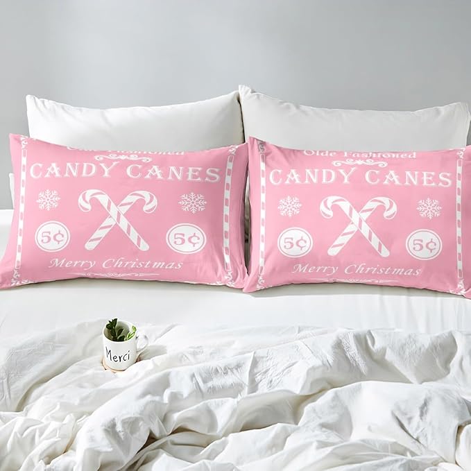 jejeloiu Christmas Bedding Set Twin Size Kids Christmas Quote Comforter Cover Set for Boys Girls Teens Candy Canes Print Duvet Cover Xmas Bedspread Cover Room Decorations Pink White Quilt Cover