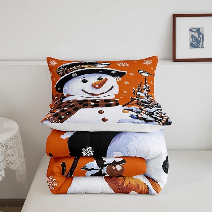 Feelyou Kids Christmas Theme Decorations Bedding Set Xmas Snowman Comforter Set for Boys Girls Snowflake Kawaii Cute Comforter Pumpkin Orange Quilt Set Bedroom Collection Twin Size