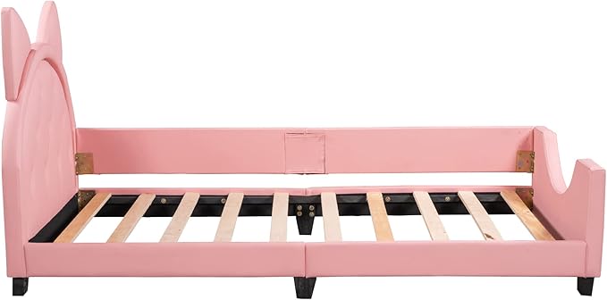 Merax Cute Twin Daybed Frame for Kids with Carton Ears Shaped Headboard, PU Leather Sturdy Kids Daybed Upholstered Twin Beds for Girls, Sofa Bed Low Profile Single Bed, Pink
