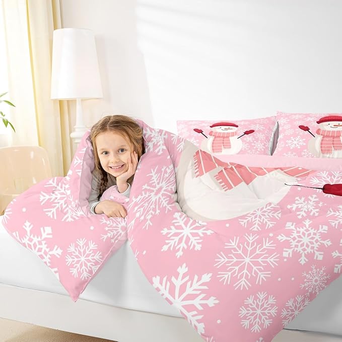 Feelyou Christmas Bedding Set Soft for Boys Girls, Snowman Pink Comforter Set Toddler Size Xmas Snowflakes Duvet Quilt Microfiber Winter Snow Bedroom Decor 2 Pcs with 1 Pillow Cases
