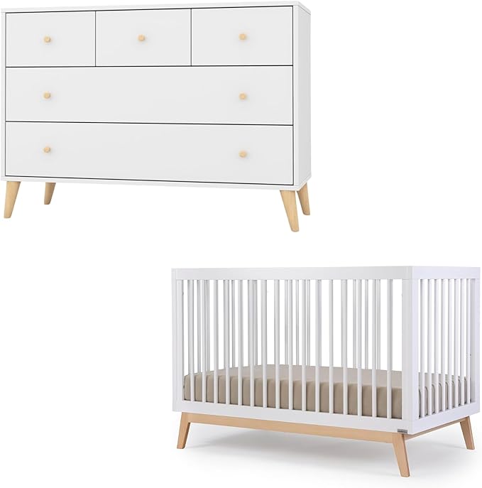 dadada Baby Harmony Set, Nursery Furniture Set. Baby Crib and Dresser Combo. Soho 3 in 1 Convertible Crib and Austin 5 Drawer Nursery Dresser. White & Natural Beechwood