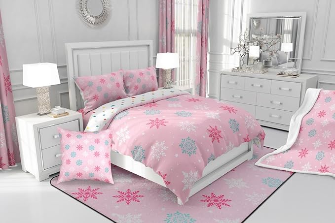 Feelyou Winter Snowflakes Bedding Set Soft for Boys Girls, Winter Holiday Comforter Set Full Size Frozen Snowflake Duvet Quilt Microfiber Pink Bedroom Decor 3 Pcs with 2 Pillow Cases
