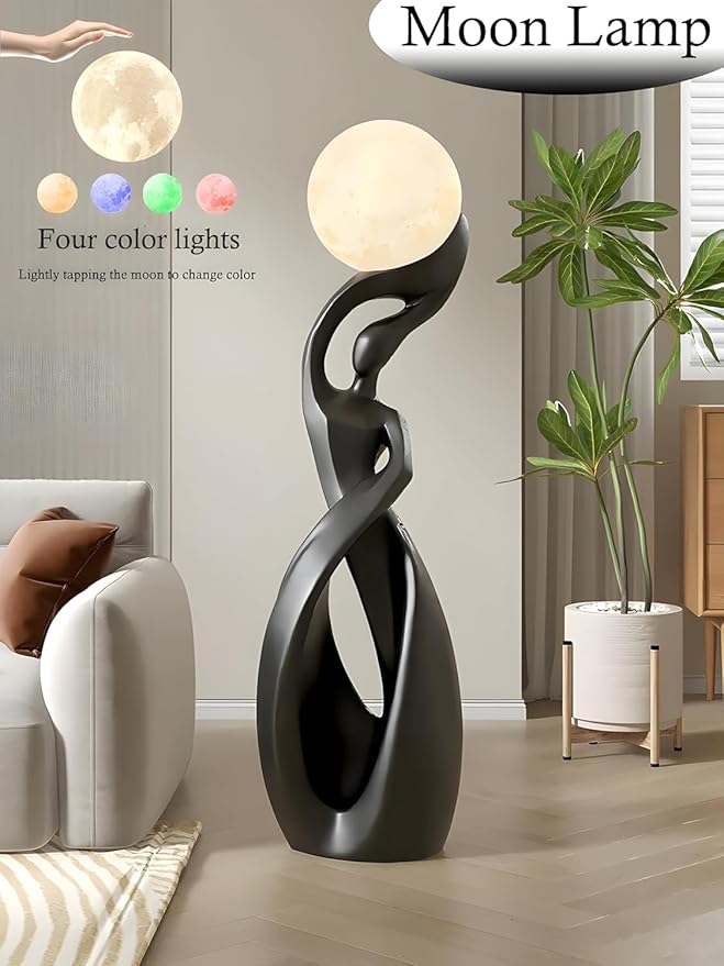 Bofea-Modern Minimalist Floor Lamp, Black for Living Room, Creative Nordic Bedside Bedroom with 3D Moon Tall Lights, Art Decoration for Girls Room, Dresser, Office