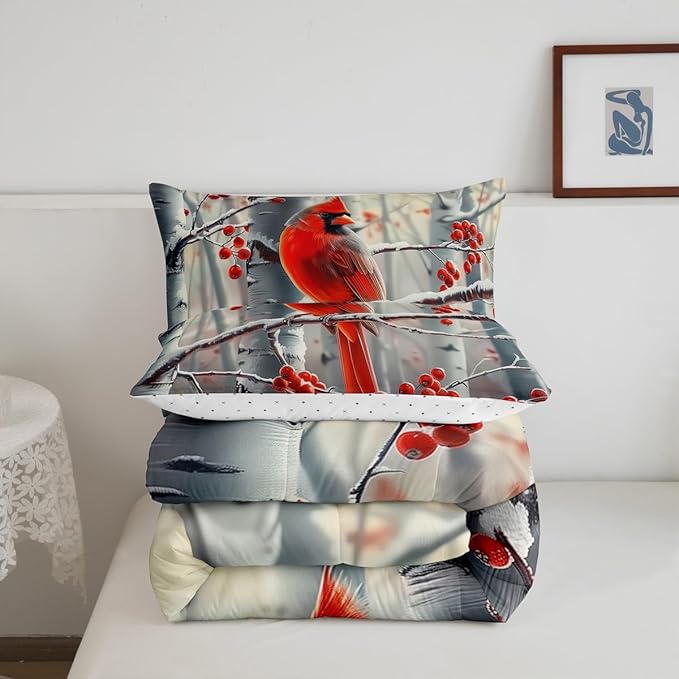 jejeloiu Kids Red Cardinal Comforter Set Full Size Christmas Theme Bedding Set for Boys Girls Teens Xmas Birds Winter Rustic Country Farm Animal Duvet Quilt Room Decor