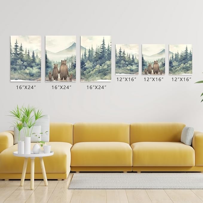 Rustic Bear Family Nursery Decor, Forest Animals Woodland Wall Decor, Love of A Family of Four, Set of 3 Canvas Prints, Landscape Bear Wall Art for Boy's Room Decor, Framed 12"x16"x3