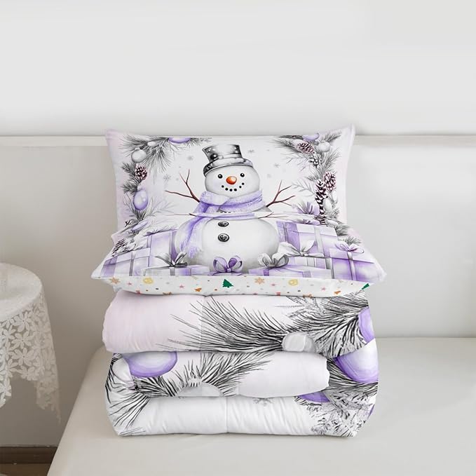 Feelyou Merry Christmas Bedding Set Soft for Boys Girls, Cute Snowman Comforter Set Twin Size Duvet Quilt Microfiber Snowflake Bedroom Decor 2 Pcs with 1 Pillow Cases