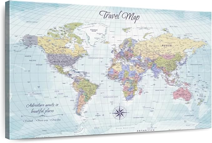 ElephantStock - Push Pin Travel Map World I Wall Art - Horizontal Canvas Wall Art - Living Room Wall Decor - Printmaking Map Canvas Art - Blue And Beige Decor - 39" x 26"