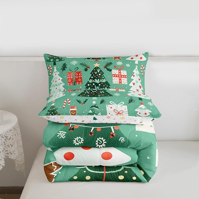 Feelyou Christmas Bedding Set Soft for Boys Girls, Xmas Tree Snowflake Comforter Set Queen Size Gingerbread Man Duvet Quilt Microfiber New Year Gift Bedroom Decor 3 Pcs with 2 Pillow Cases