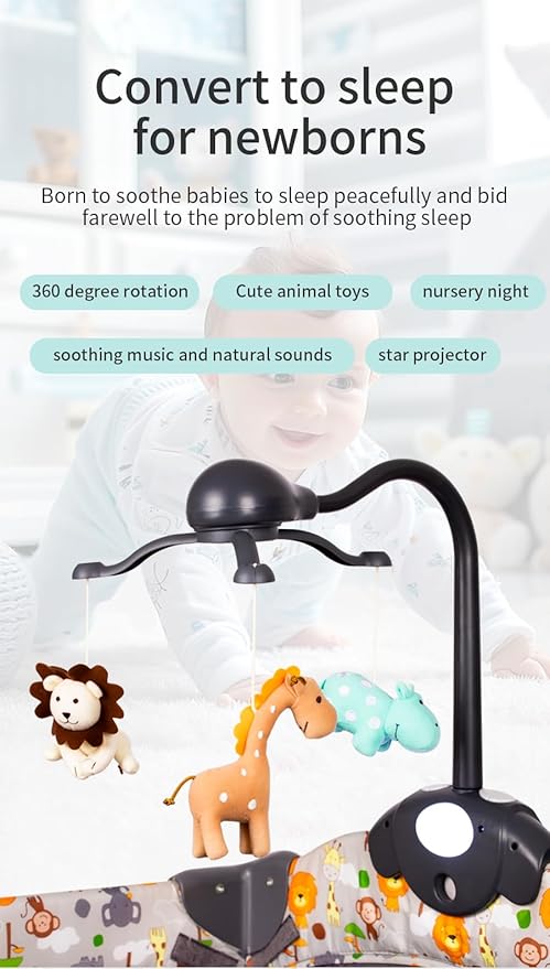 Baby Crib Mobile for Pack and Play,Bassinet Mobile with Music,Rotation,Nursy Lights,Natural Sounds,Timer Function,Starlight Projection,Pack n Play Crib Mobile Toys for Newborn Baby