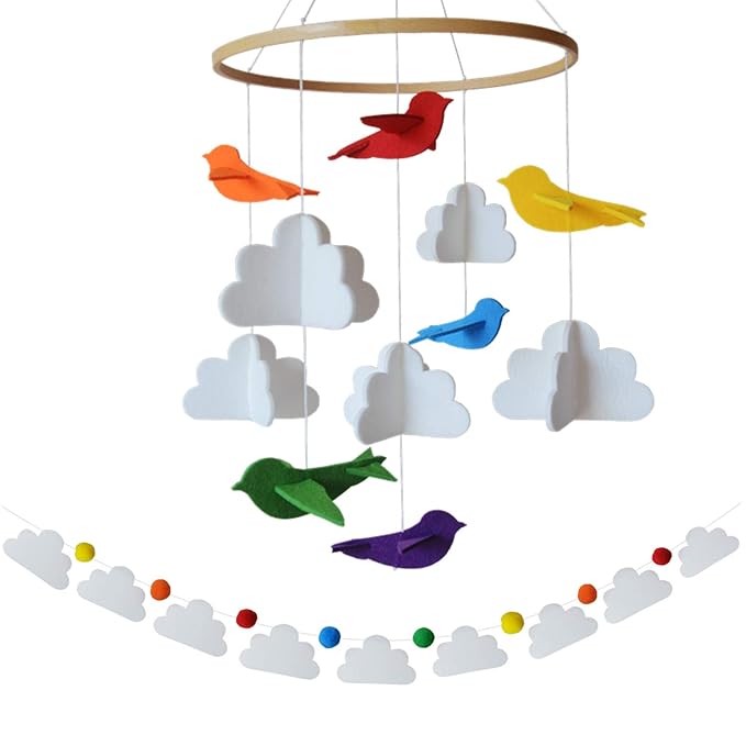 Baby Crib Mobile – Wooden Hanging Nursery Mobile for Bassinet, Baby Nursery Decor for Boys & Girls, Perfect for Shower Gift (Rainbow Birds in The Clouds, w/Garland) Sorrel + Fern